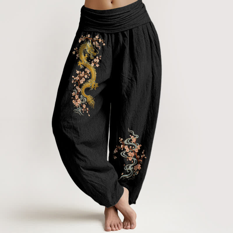 Buddha Stones Pantalon harem pour femme en pur coton, motif dragon doré et fleurs roses, taille élastique - Noir - US16，UK/AU20，EU48 (3XL) - image 0