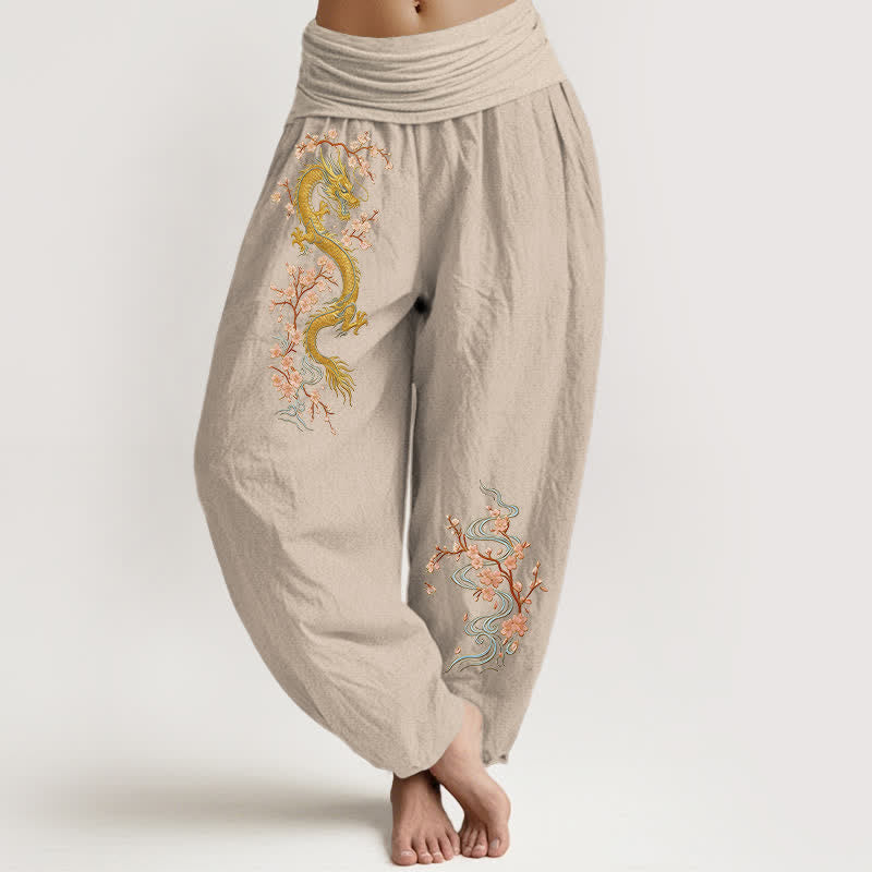 Buddha Stones Pantalon harem pour femme en pur coton, motif dragon doré et fleurs roses, taille élastique - Tanné - US16，UK/AU20，EU48 (3XL) - image 5