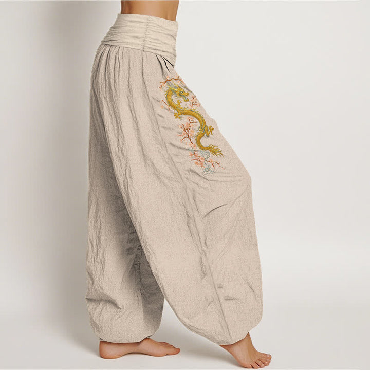 Buddha Stones Pantalon harem pour femme en pur coton, motif dragon doré et fleurs roses, taille élastique - image 6