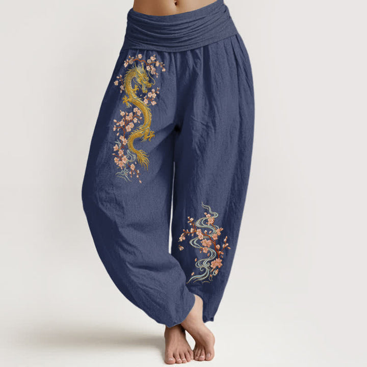 Buddha Stones Pantalon harem pour femme en pur coton, motif dragon doré et fleurs roses, taille élastique - Bleu ardoise foncé - US16，UK/AU20，EU48 (3XL) - image 8