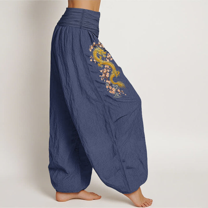Buddha Stones Pantalon harem pour femme en pur coton, motif dragon doré et fleurs roses, taille élastique - image 9