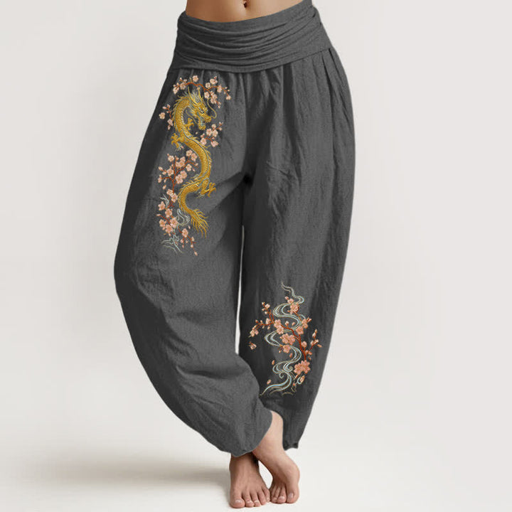 Buddha Stones Pantalon harem pour femme en pur coton, motif dragon doré et fleurs roses, taille élastique - Gris terne - US16，UK/AU20，EU48 (3XL) - image 11