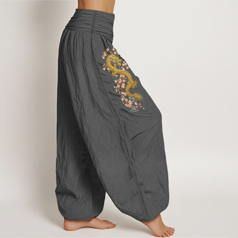 Buddha Stones Pantalon harem pour femme en pur coton, motif dragon doré et fleurs roses, taille élastique - image 12