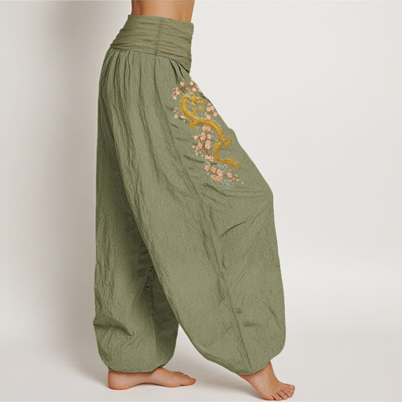 Buddha Stones Pantalon harem pour femme en pur coton, motif dragon doré et fleurs roses, taille élastique - image 15