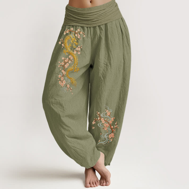 Buddha Stones Pantalon harem pour femme en pur coton, motif dragon doré et fleurs roses, taille élastique - Vert olive - US16，UK/AU20，EU48 (3XL) - image 14