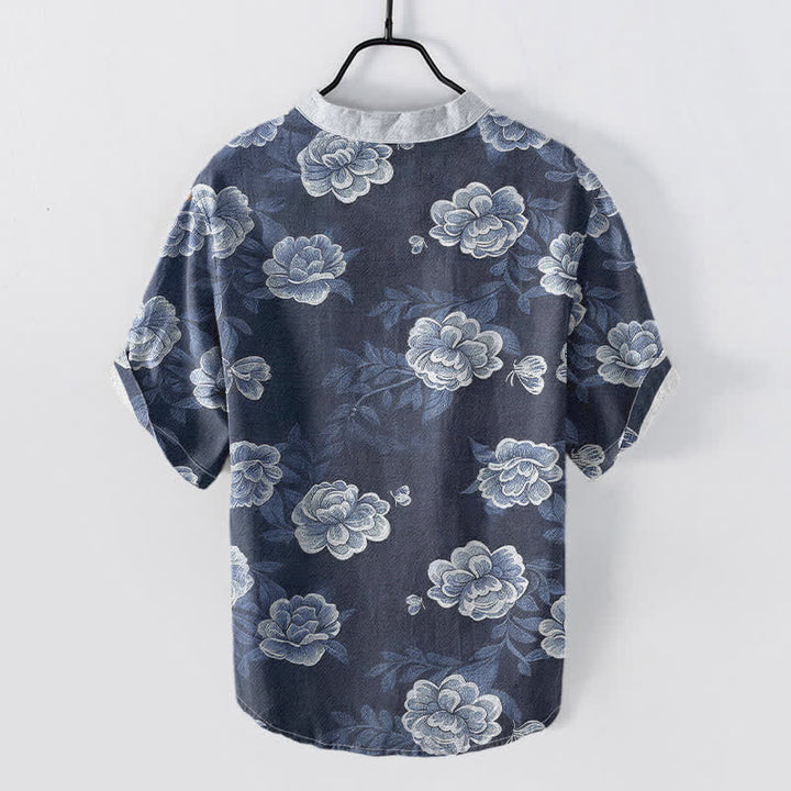 Buddha Stones Chemise homme à manches courtes et demi-boutons en coton à motif pivoine vintage - image 1