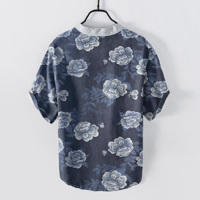 Buddha Stones Chemise homme à manches courtes et demi-boutons en coton à motif pivoine vintage - image 1