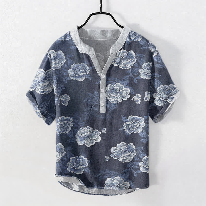 Buddha Stones Chemise homme à manches courtes et demi-boutons en coton à motif pivoine vintage - SteelBlue - US/UK/AU50，EU60 (5XL) - image 0