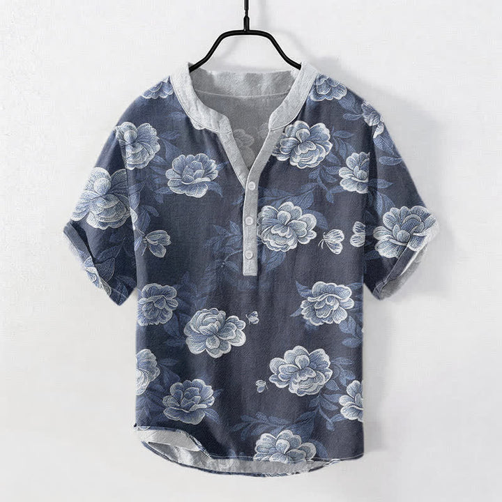 Buddha Stones Chemise homme à manches courtes et demi-boutons en coton à motif pivoine vintage - SteelBlue - US/UK/AU50，EU60 (5XL) - image 0