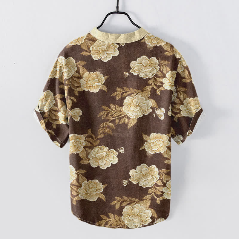 Buddha Stones Chemise homme à manches courtes et demi-boutons en coton à motif pivoine vintage - image 4
