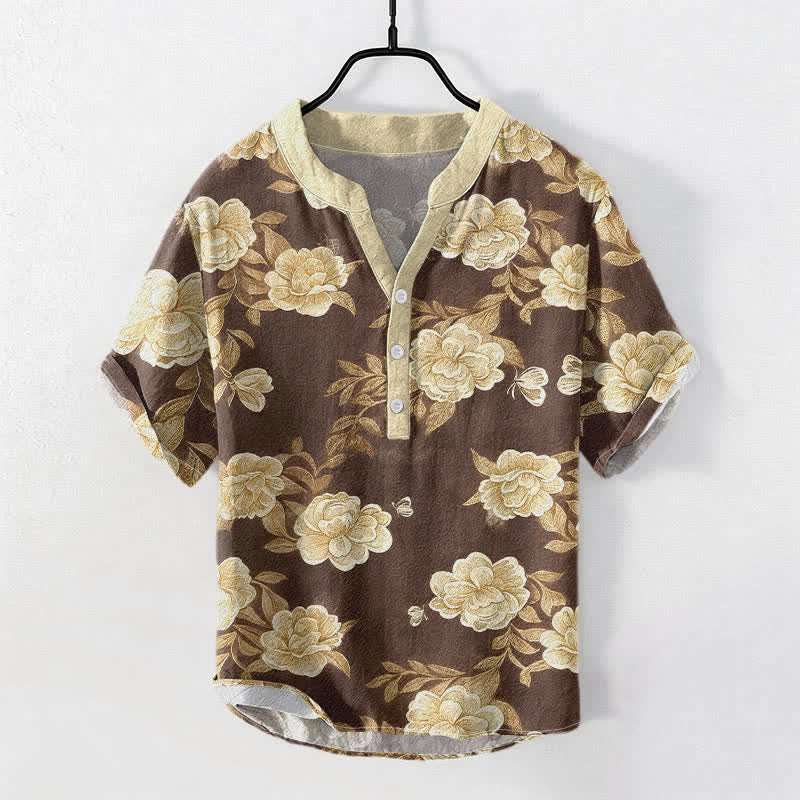 Buddha Stones Chemise homme à manches courtes et demi-boutons en coton à motif pivoine vintage - SaddleBrown - US/UK/AU50，EU60 (5XL) - image 3