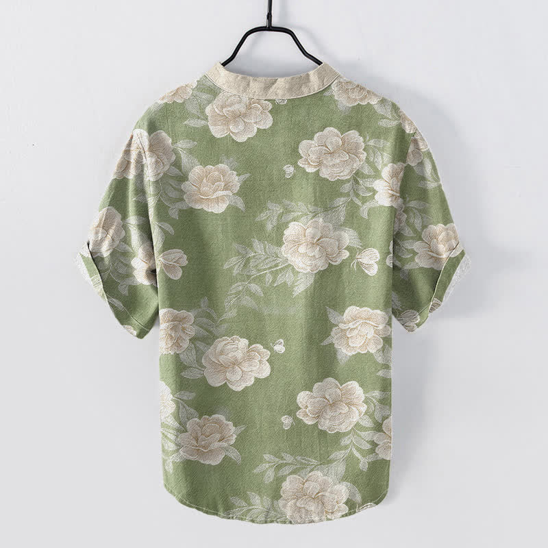 Buddha Stones Chemise homme à manches courtes et demi-boutons en coton à motif pivoine vintage - image 6