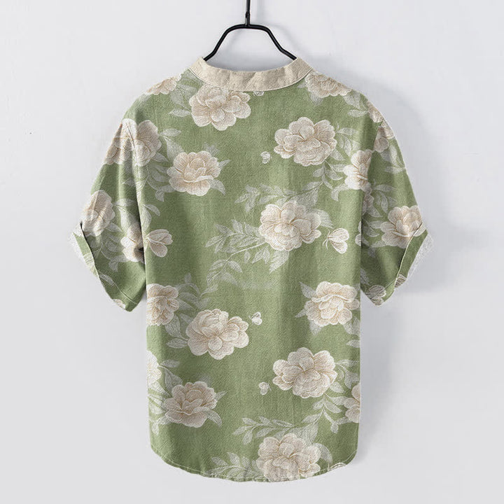 Buddha Stones Chemise homme à manches courtes et demi-boutons en coton à motif pivoine vintage - image 6