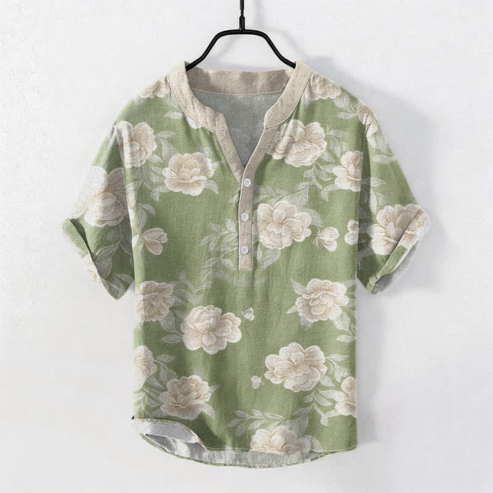 Buddha Stones Chemise homme à manches courtes et demi-boutons en coton à motif pivoine vintage - Vert pâle - US/UK/AU50，EU60 (5XL) - image 5