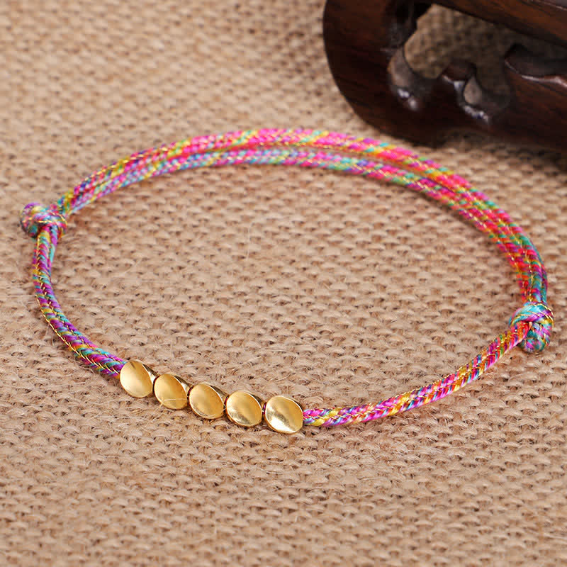 Buddha Stones Bracelet porte-bonheur multicolore arc-en-ciel en corde tressée et perles de cuivre doré - image 1