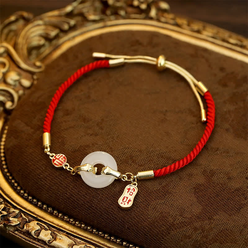 Buddha Stones Bracelet de bénédiction tressé en jade blanc et fil rouge représentant le personnage Fu - image 2