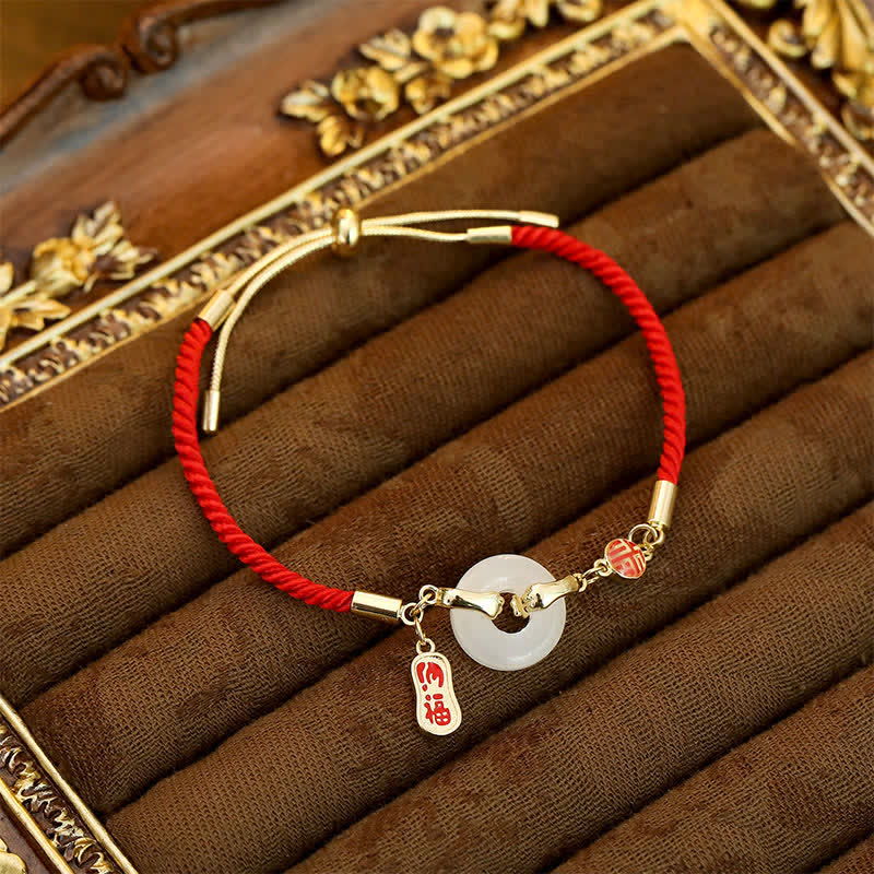 Buddha Stones Bracelet de bénédiction tressé en jade blanc et fil rouge représentant le personnage Fu - Jade blanc - image 0