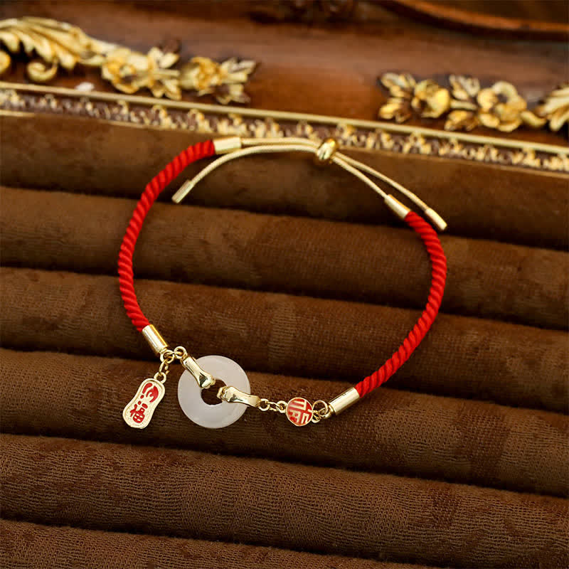 Buddha Stones Bracelet de bénédiction tressé en jade blanc et fil rouge représentant le personnage Fu - image 1