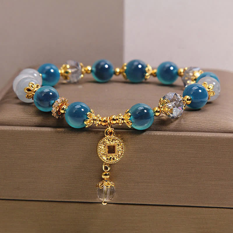 Buddha Stones Bracelet en cuivre avec pièce d'équilibre en agate bleue naturelle naturelle et agate bonbon. - Agate bonbon (tour de poignet 15-16 cm) - image 0