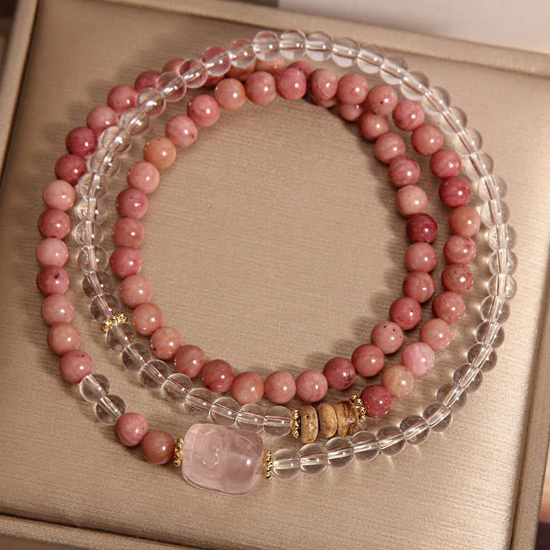 Buddha Stones Bracelet PiXiu triple tour en rhodonite, quartz clair et quartz rose - image 3