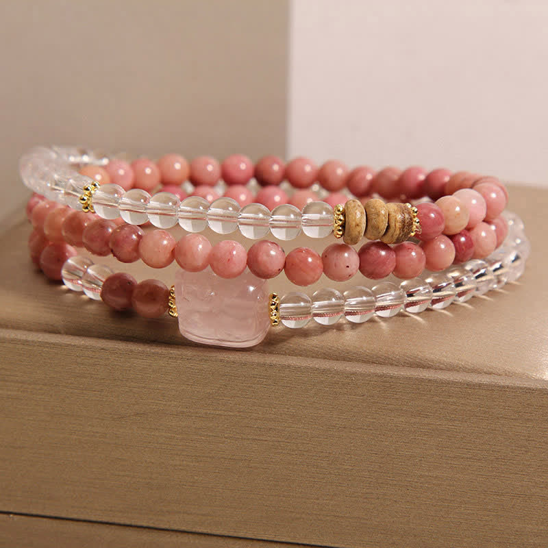 Buddha Stones Bracelet PiXiu triple tour en rhodonite, quartz clair et quartz rose - image 1