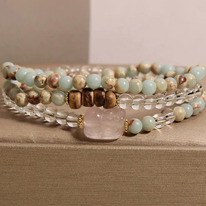 Buddha Stones Bracelet PiXiu triple tour en rhodonite, quartz clair et quartz rose - Pierre de Shoushan (Tour de poignet : 17–18 cm) - image 10