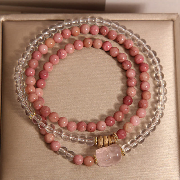 Buddha Stones Bracelet PiXiu triple tour en rhodonite, quartz clair et quartz rose - image 4