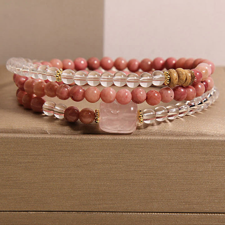 Buddha Stones Bracelet PiXiu triple tour en rhodonite, quartz clair et quartz rose - Rhodonite (Tour de poignet : 17–18 cm) - image 0