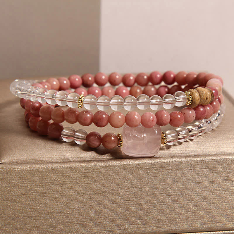 Buddha Stones Bracelet PiXiu triple tour en rhodonite, quartz clair et quartz rose - image 2