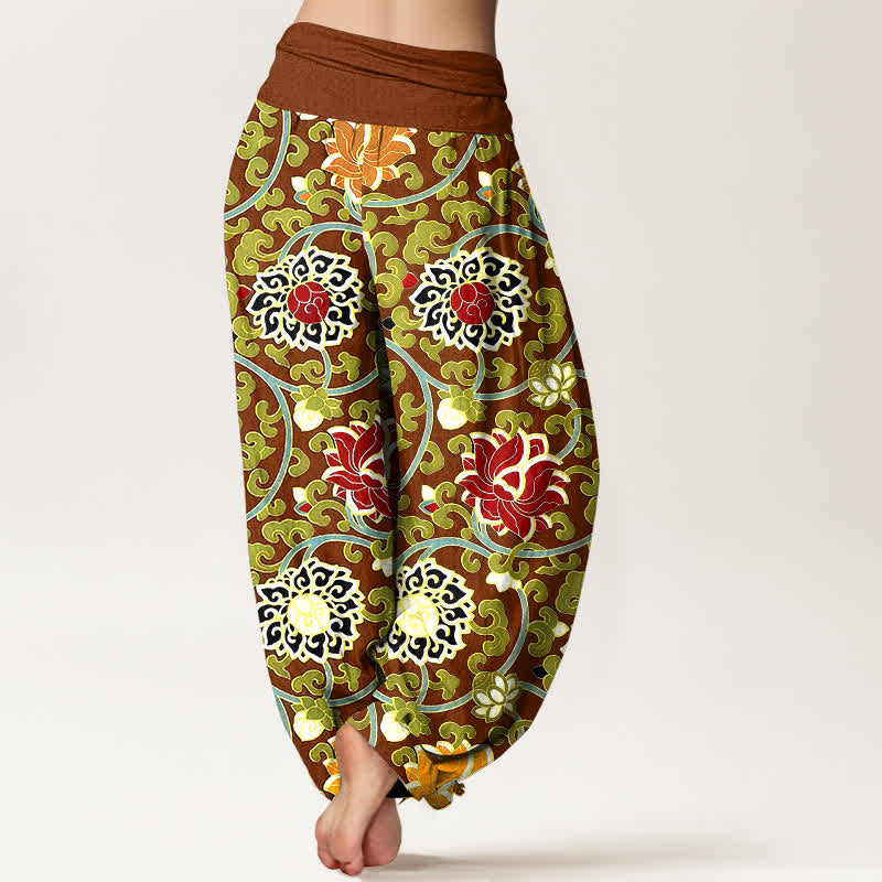 Buddha Stones Pantalon harem pour femme en pur coton à motif bohème de vigne de lotus et taille élastique - image 6