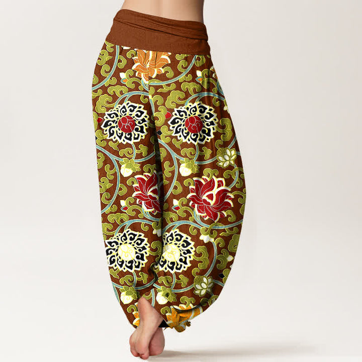 Buddha Stones Pantalon harem pour femme en pur coton à motif bohème de vigne de lotus et taille élastique - image 6