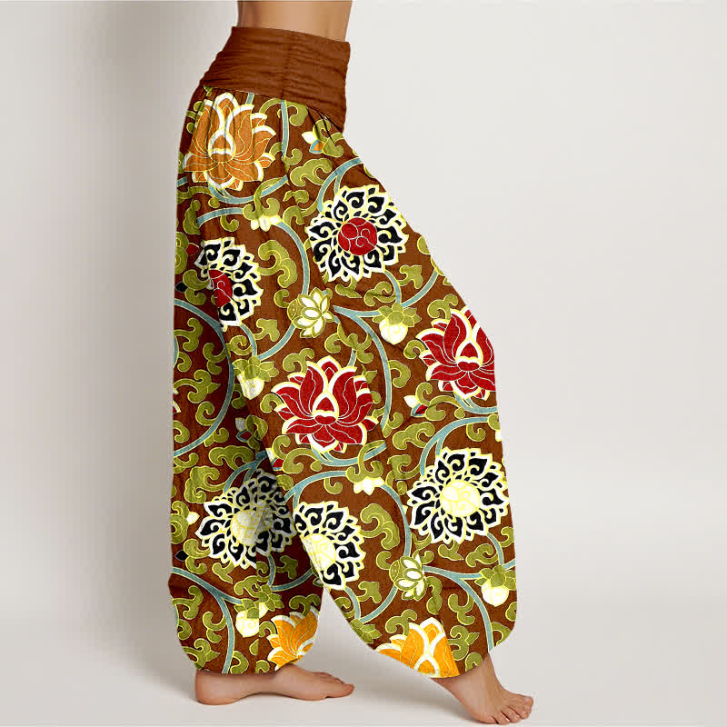 Buddha Stones Pantalon harem pour femme en pur coton à motif bohème de vigne de lotus et taille élastique - image 7