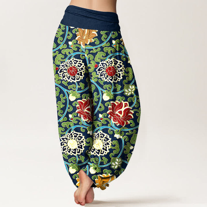 Buddha Stones Pantalon harem pour femme en pur coton à motif bohème de vigne de lotus et taille élastique - image 9