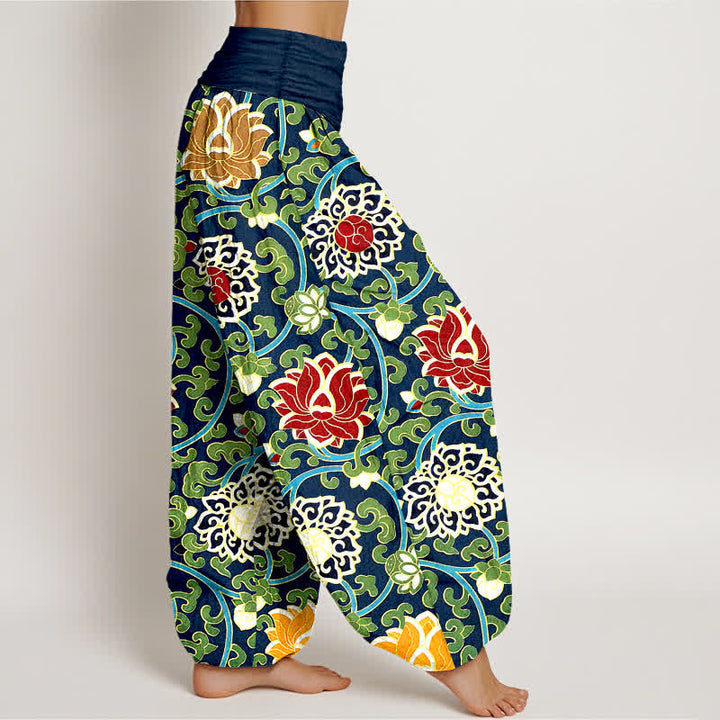 Buddha Stones Pantalon harem pour femme en pur coton à motif bohème de vigne de lotus et taille élastique - image 10