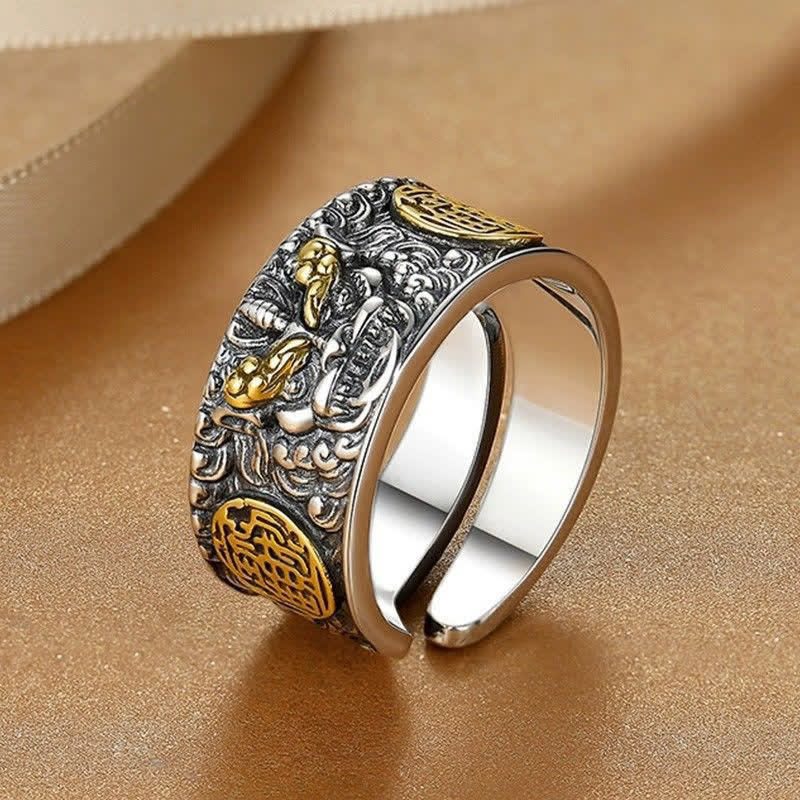 Buddha Stones Bague porte-bonheur ajustable Pixiu en cuivre large - image 1