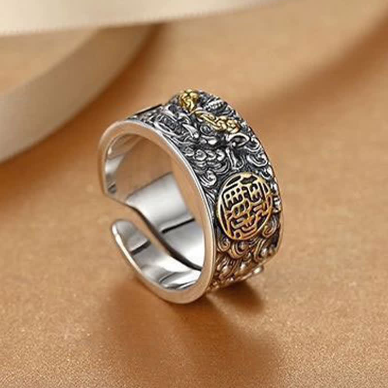 Buddha Stones Bague porte-bonheur ajustable Pixiu en cuivre large - image 3