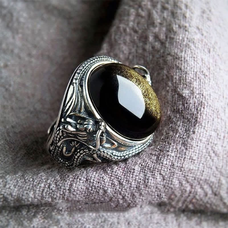 Buddha Stones Bague de protection ajustable en cuivre et onyx noir - image 1