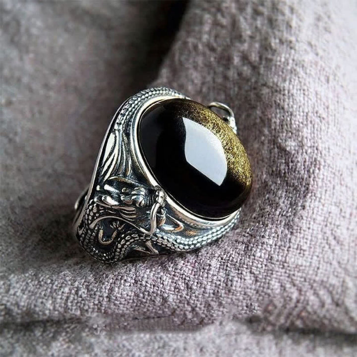 Buddha Stones Bague de protection ajustable en cuivre et onyx noir - image 1