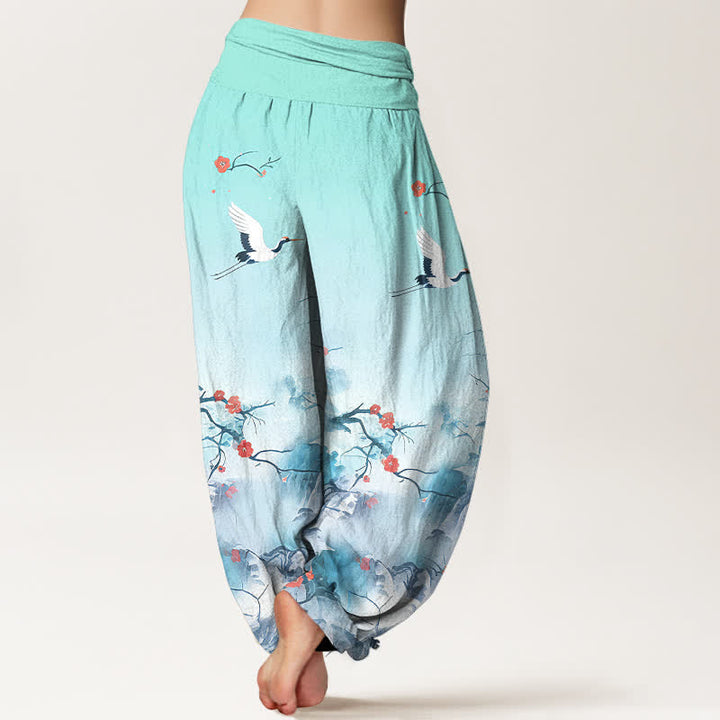 Buddha Stones Pantalon harem femme en pur coton bleu ombré à motif de fleurs de grue, taille élastique - image 6