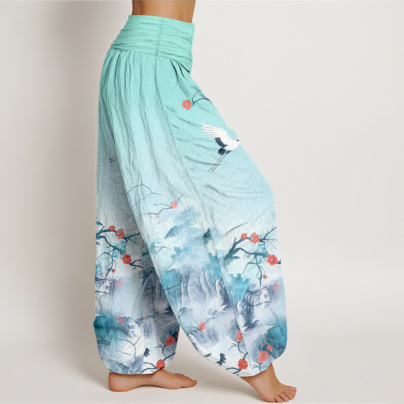 Buddha Stones Pantalon harem femme en pur coton bleu ombré à motif de fleurs de grue, taille élastique - image 7
