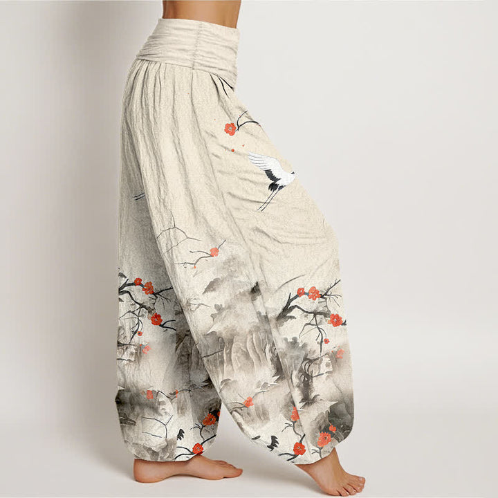 Buddha Stones Pantalon harem femme en pur coton bleu ombré à motif de fleurs de grue, taille élastique - image 10