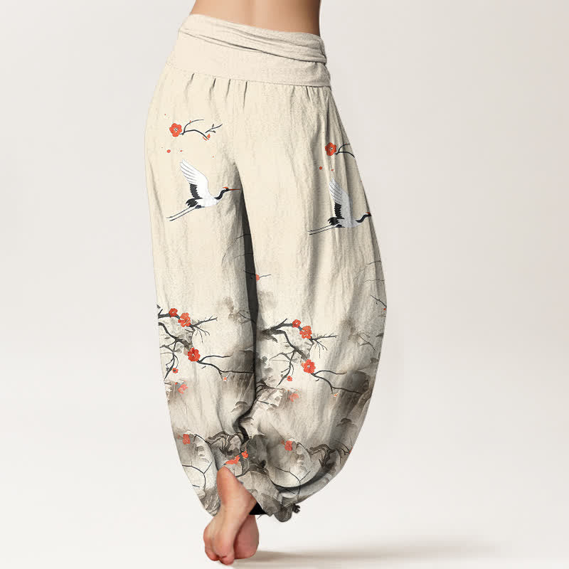 Buddha Stones Pantalon harem femme en pur coton bleu ombré à motif de fleurs de grue, taille élastique - image 9
