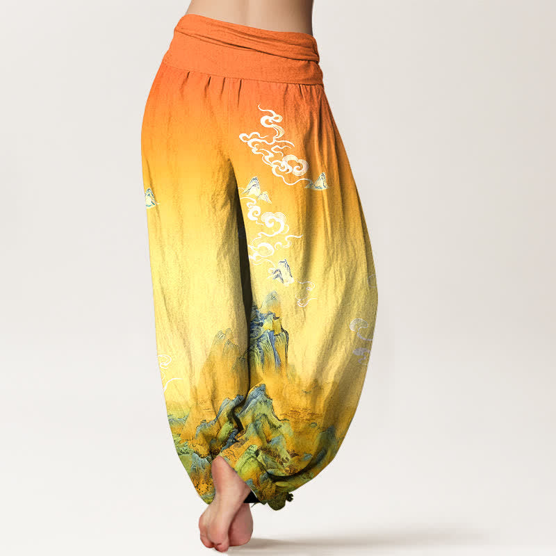 Buddha Stones Pantalon harem femme en pur coton, motif dégradé montagne, délavage à l'encre, taille élastique - image 9