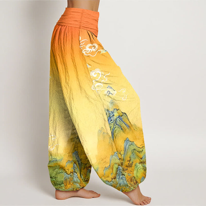 Buddha Stones Pantalon harem femme en pur coton, motif dégradé montagne, délavage à l'encre, taille élastique - image 10