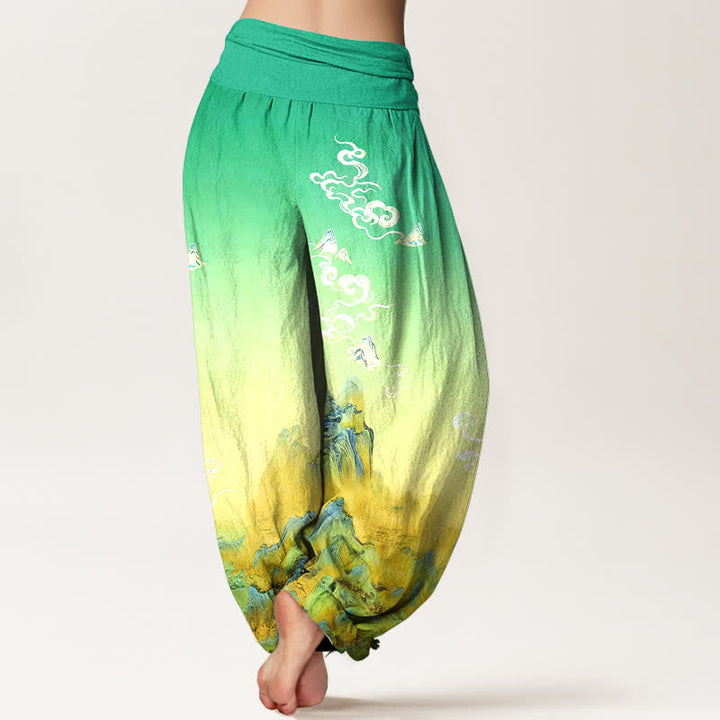 Buddha Stones Pantalon harem femme en pur coton, motif dégradé montagne, délavage à l'encre, taille élastique - image 6