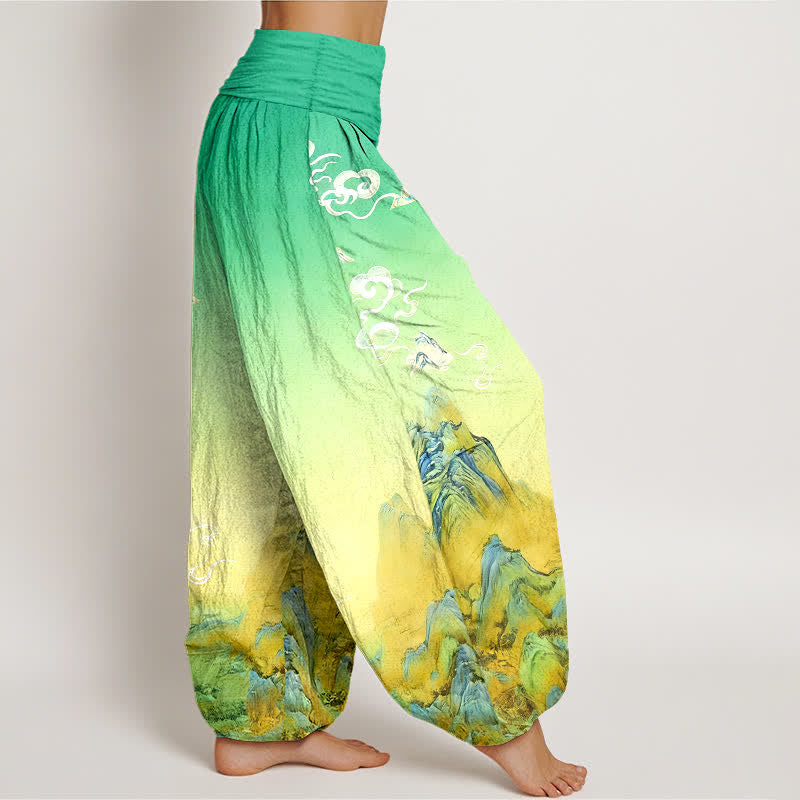 Buddha Stones Pantalon harem femme en pur coton, motif dégradé montagne, délavage à l'encre, taille élastique - image 7