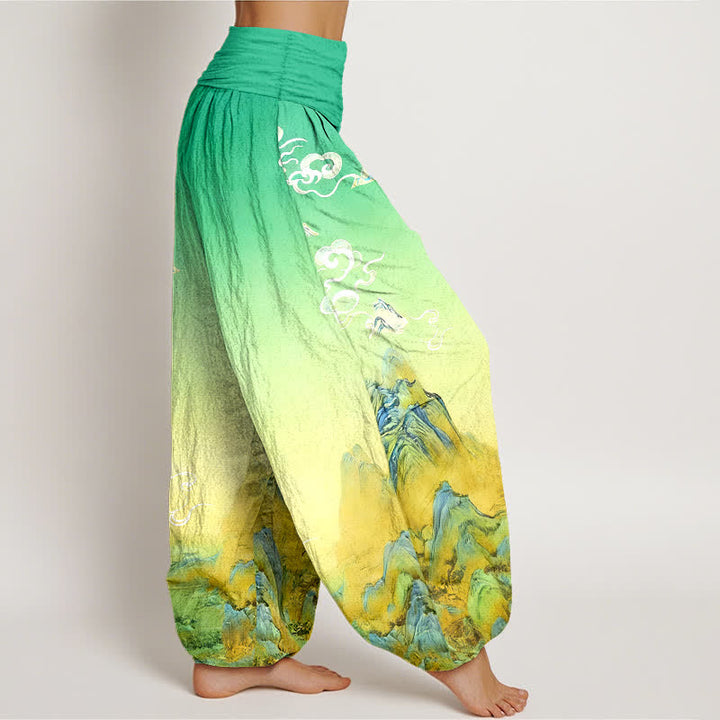 Buddha Stones Pantalon harem femme en pur coton, motif dégradé montagne, délavage à l'encre, taille élastique - image 7