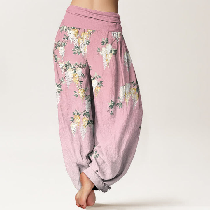 Buddha Stones Pantalon harem pour femme en pur coton blanc à motif floral jaune, taille élastique - image 6
