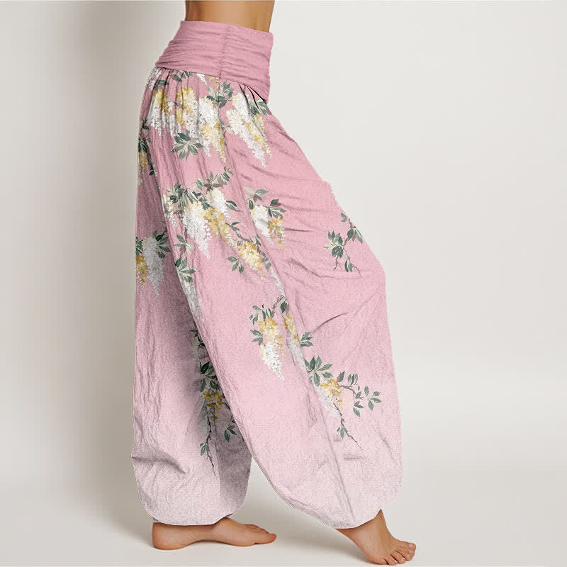 Buddha Stones Pantalon harem pour femme en pur coton blanc à motif floral jaune, taille élastique - image 7
