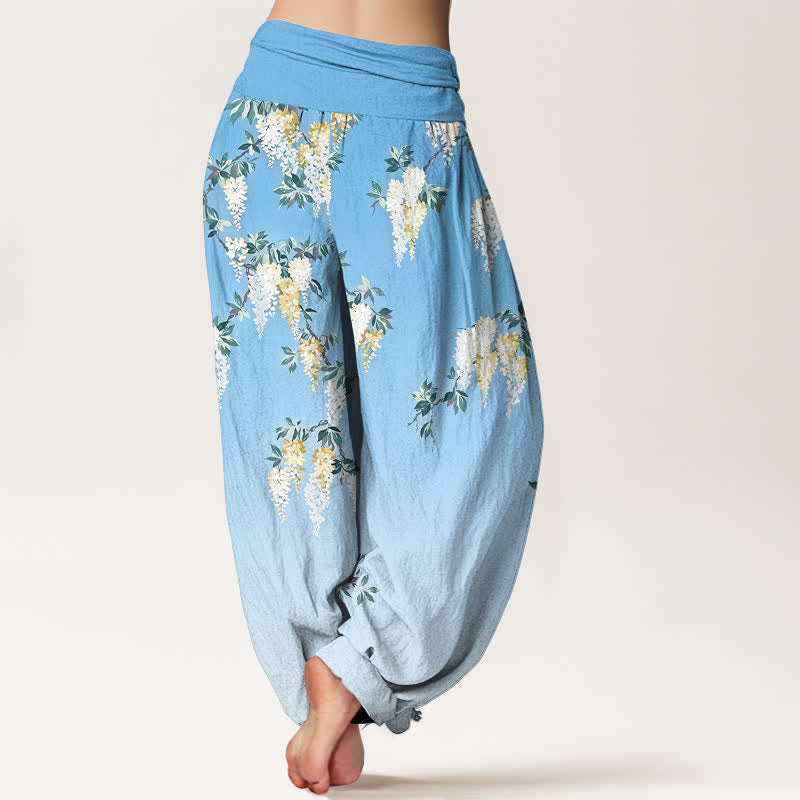 Buddha Stones Pantalon harem pour femme en pur coton blanc à motif floral jaune, taille élastique - image 9